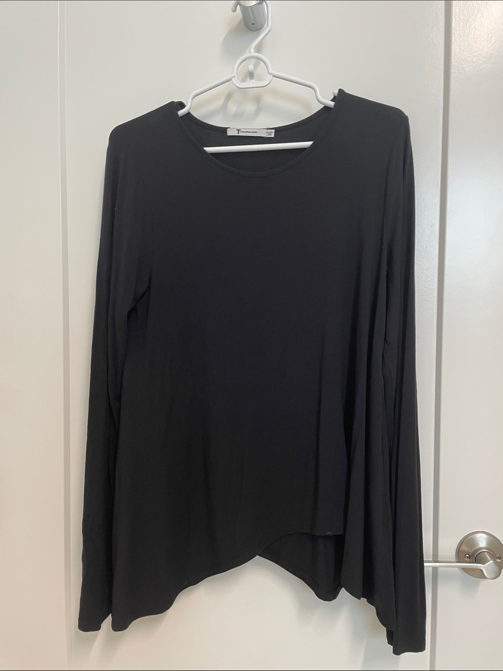 Alexander Wang Black Long-Sleeve Crewneck Top with Asymmetric Hem